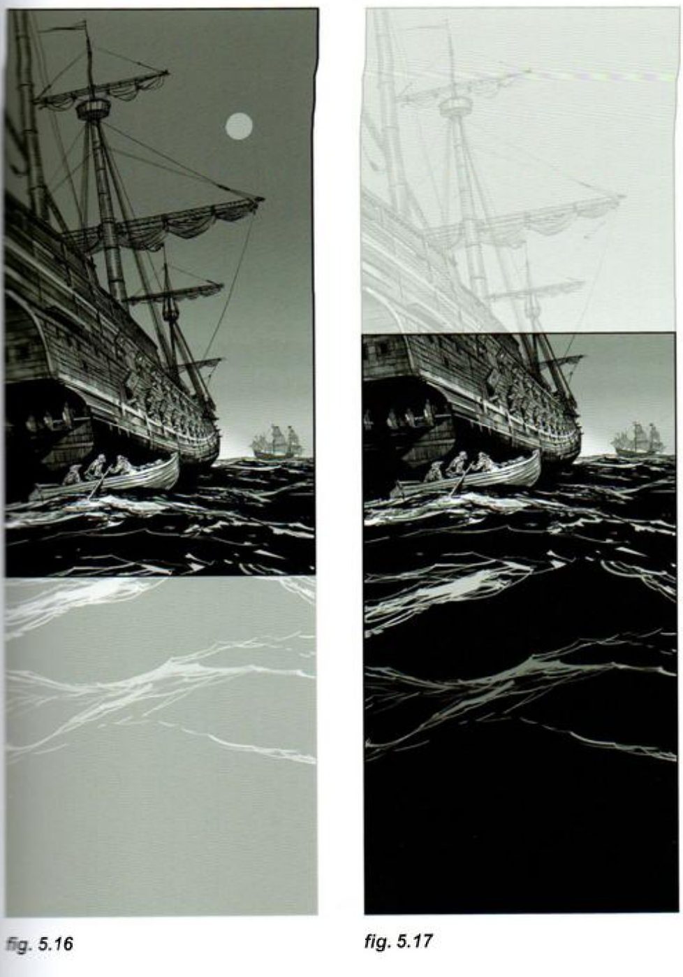 Two tall frames of the scene. Left: the galleon’s masts and a moon fill the top, the boat sits low. Right: the boat and galleon near the top, a large dark sea below.