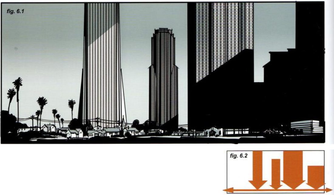 A wide frame of tall skyscrapers rising from a low strip of small houses and palm trees. Below right, an orange thumbnail of four down arrows pressing on a horizontal double arrow.