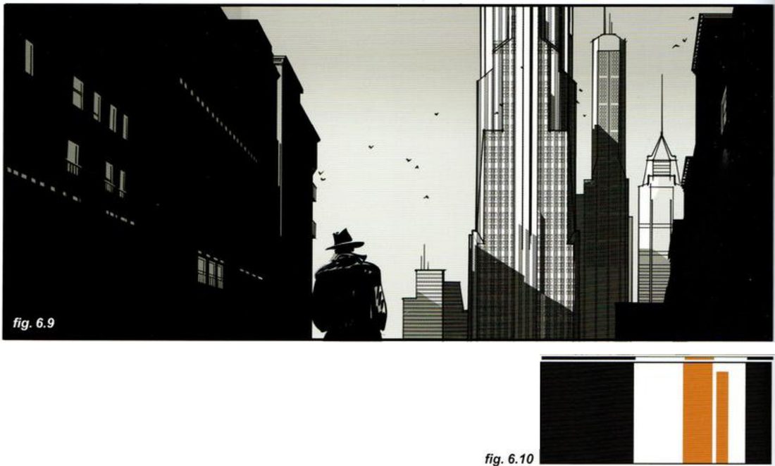 A wide frame with black building silhouettes on both sides, a man in a hat between them, and pale skyscrapers in the lit gap. Below right, a thumbnail with black side blocks and two orange verticals in a white centre.
