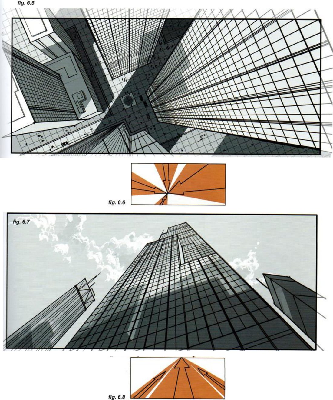 Top: a wide frame looking straight down between skyscrapers to a plaza, with a radiating orange thumbnail below it. Bottom: a wide frame looking straight up a glass tower into clouds, with an orange thumbnail of arrows converging upward.