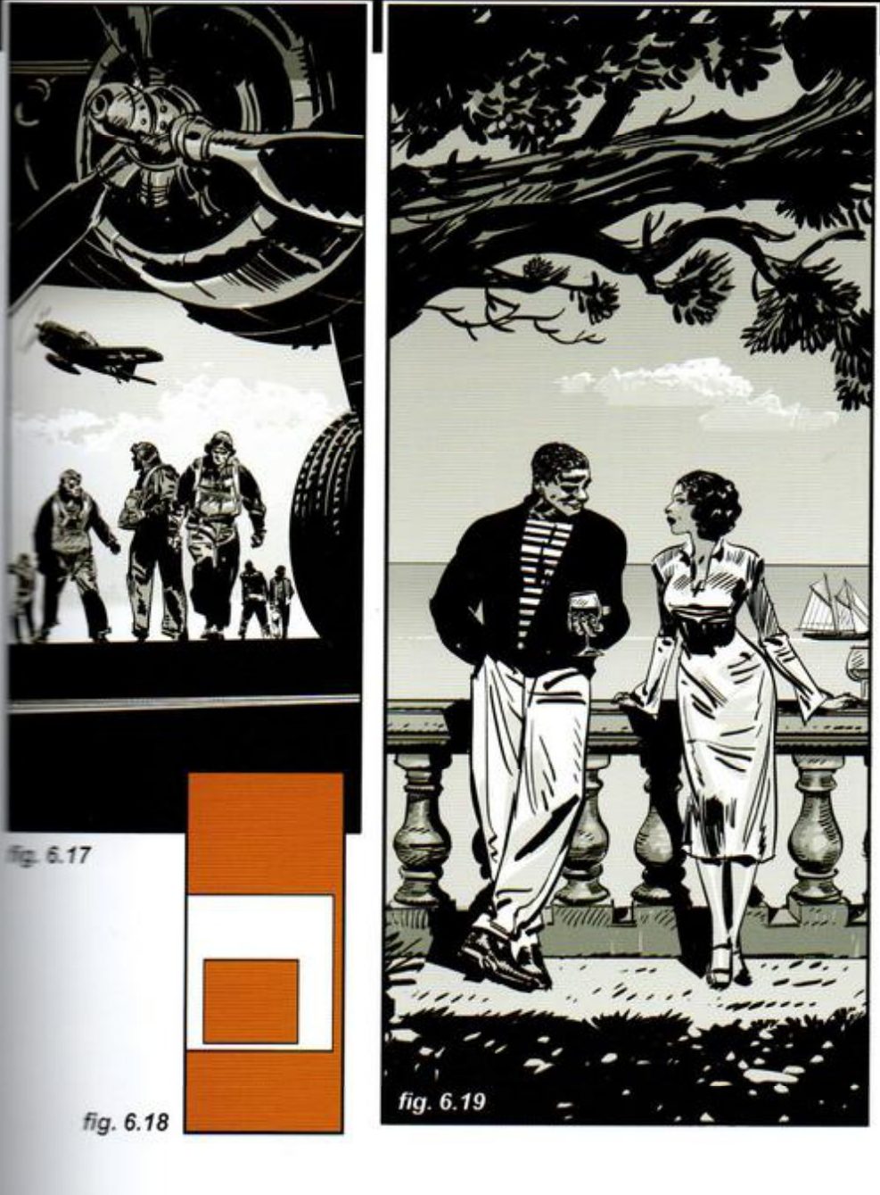 Left: a tall frame where a plane’s engine and wing fill the top and airmen walk below, with an orange nested-square thumbnail. Right: a tall frame of a couple at a stone balustrade under a spreading branch, sea and a sailing ship behind.