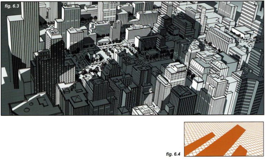A wide high view over a dense city, with long shadows of unseen towers falling across the blocks. Below right, an orange thumbnail of long diagonal shadow shapes across a grid.