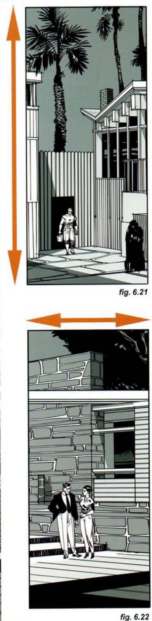 Two tall crops of the same modern house. Top, with a vertical orange arrow: palms, a tall fence and a man with a bucket in a doorway. Bottom, with a horizontal orange arrow: a long stone wall and a couple talking.