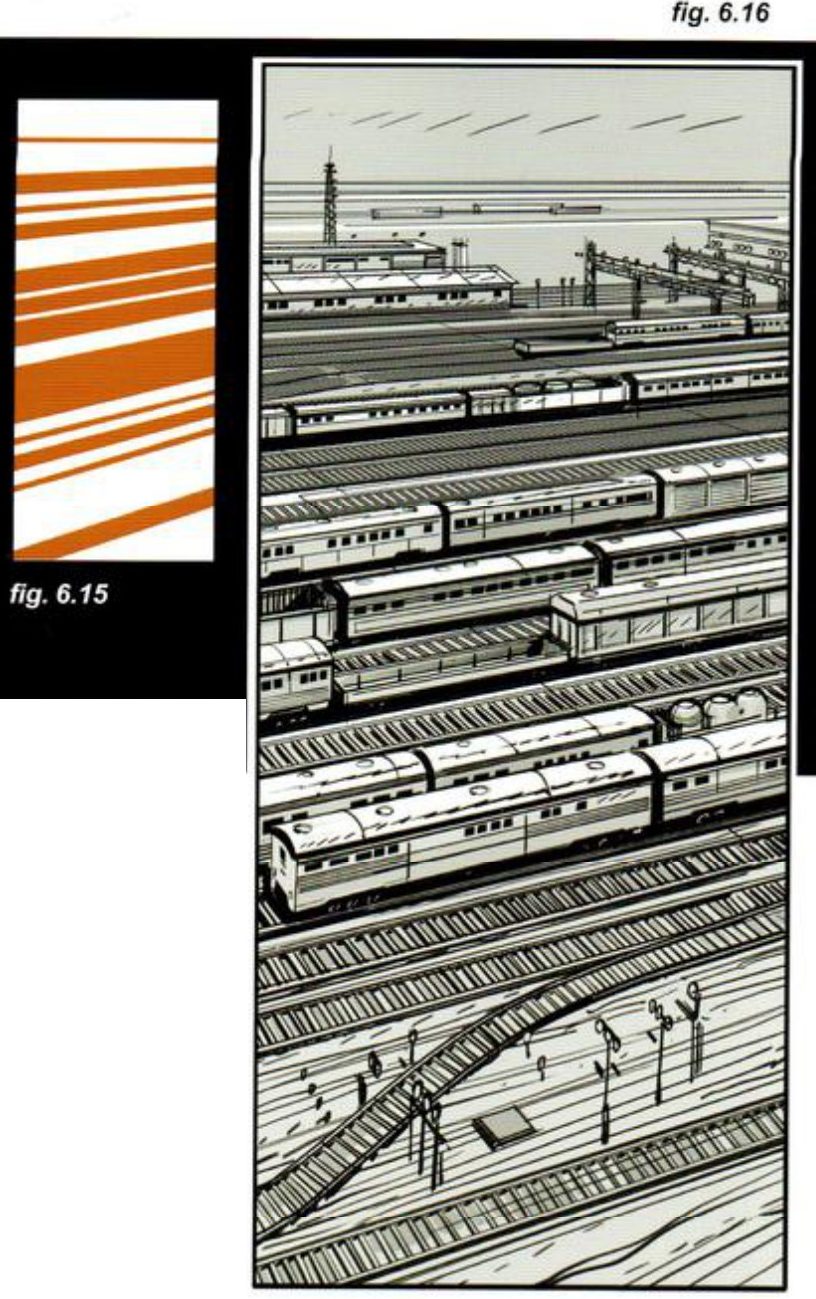 Left: an orange thumbnail of stacked horizontal bands. Right: a tall frame of a train yard seen from above, rows of carriages and tracks running sideways, one small antenna on the horizon.