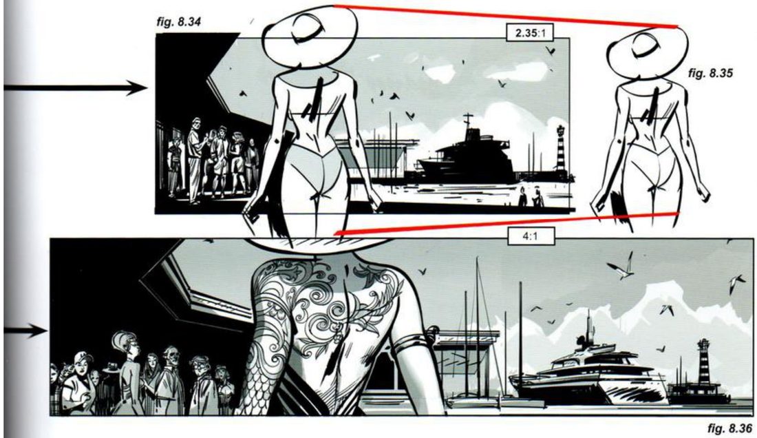 Top: a 2.35 frame with the woman much larger, beside her original-size figure, red lines comparing the two. Below: a 4:1 frame close on her tattooed back, with onlookers at left and the yacht at right.