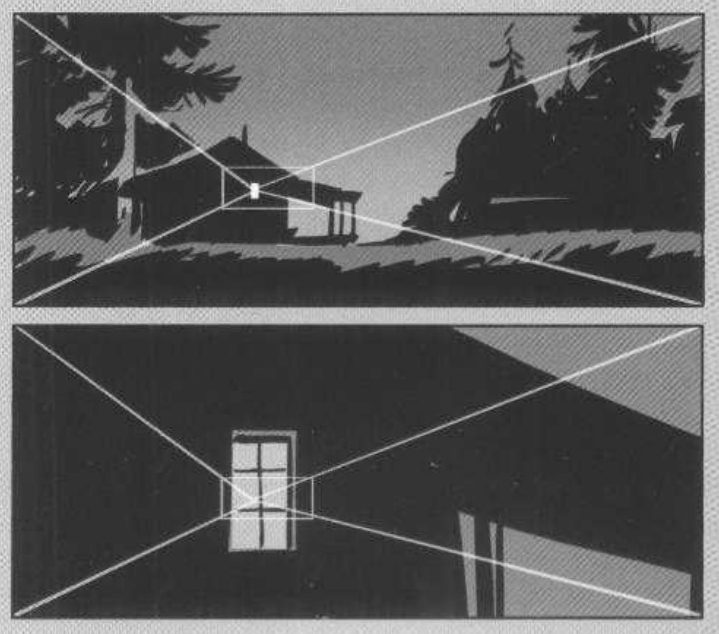 Two night panels with white X diagonals. Top: a small house among dark trees, a tiny lit window boxed where the diagonals cross. Bottom: a close view of the dark wall, the lit window boxed at the same crossing.