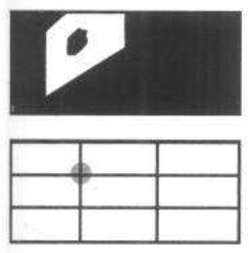 A black mass thumbnail with one white face shape and a dark eye, above a thirds grid with a dot on the upper-left intersection.