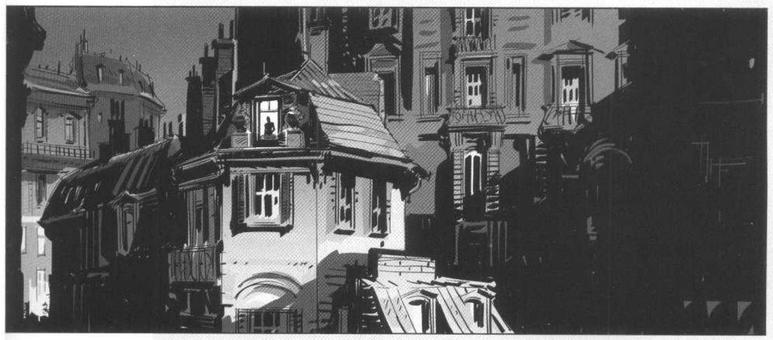 A wide night street of tall old buildings, mostly in shadow. One small lit attic window with a figure in it sits at upper left.