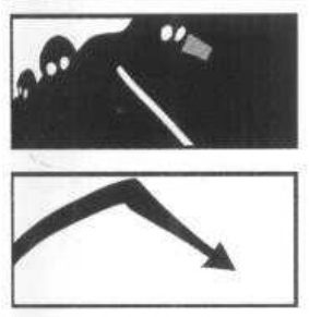 Mass thumbnail: a black field with three masked heads at upper left and a white diagonal rifle line. Line thumbnail: a thick arc rising then dropping into an arrow pointing down-right.