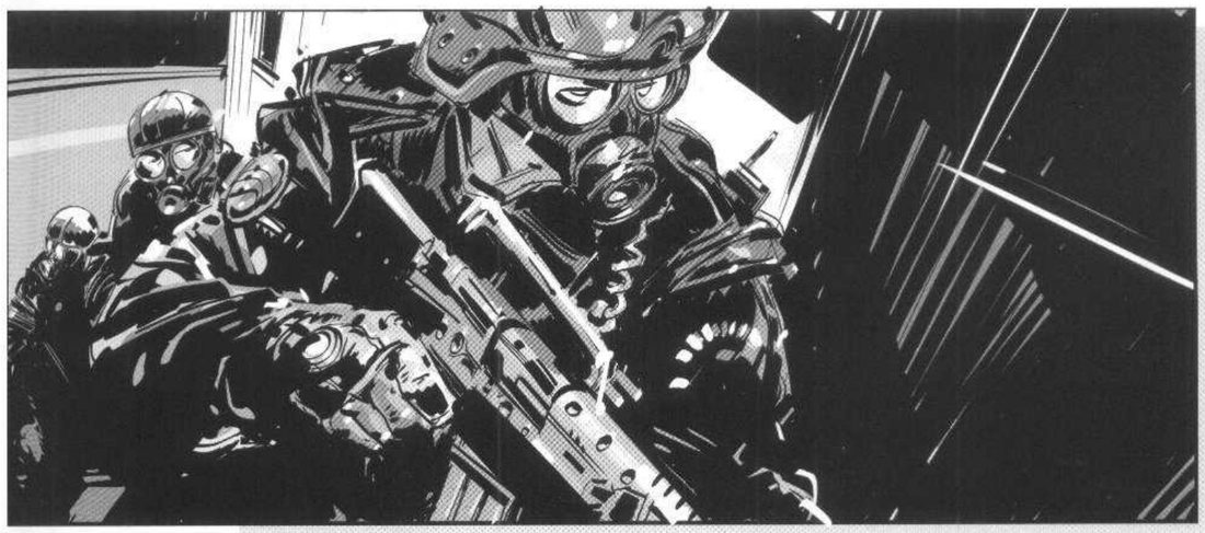 A gas-masked police team stacked in a doorway, the lead officer large in frame with his eyes near the top edge, a rifle across his body.