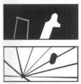 Mass thumbnail: a black field with a grey door outline at left and a white figure shape right of centre. Line thumbnail: lines fanning out from a point low on the left, a dark oval for his head at right.