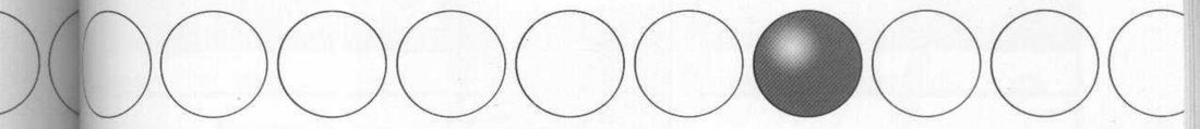 A row of identical empty outline circles with one shaded solid sphere among them.