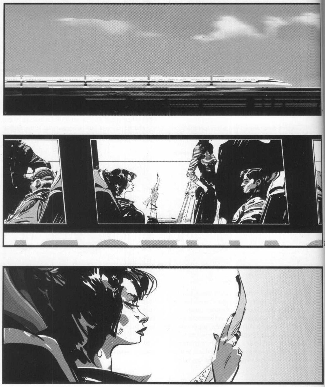 Three wide panels: a thin white train low under a big grey sky; passengers seen through a carriage window; a close profile of a woman reading against a bright window.