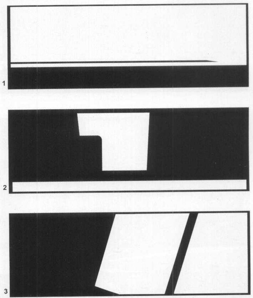 Three black-and-white abstracts numbered 1 to 3: a white field over a black band with a thin line; a black field with one white window shape and a white strip below; a black field with two white slanted parallelograms.