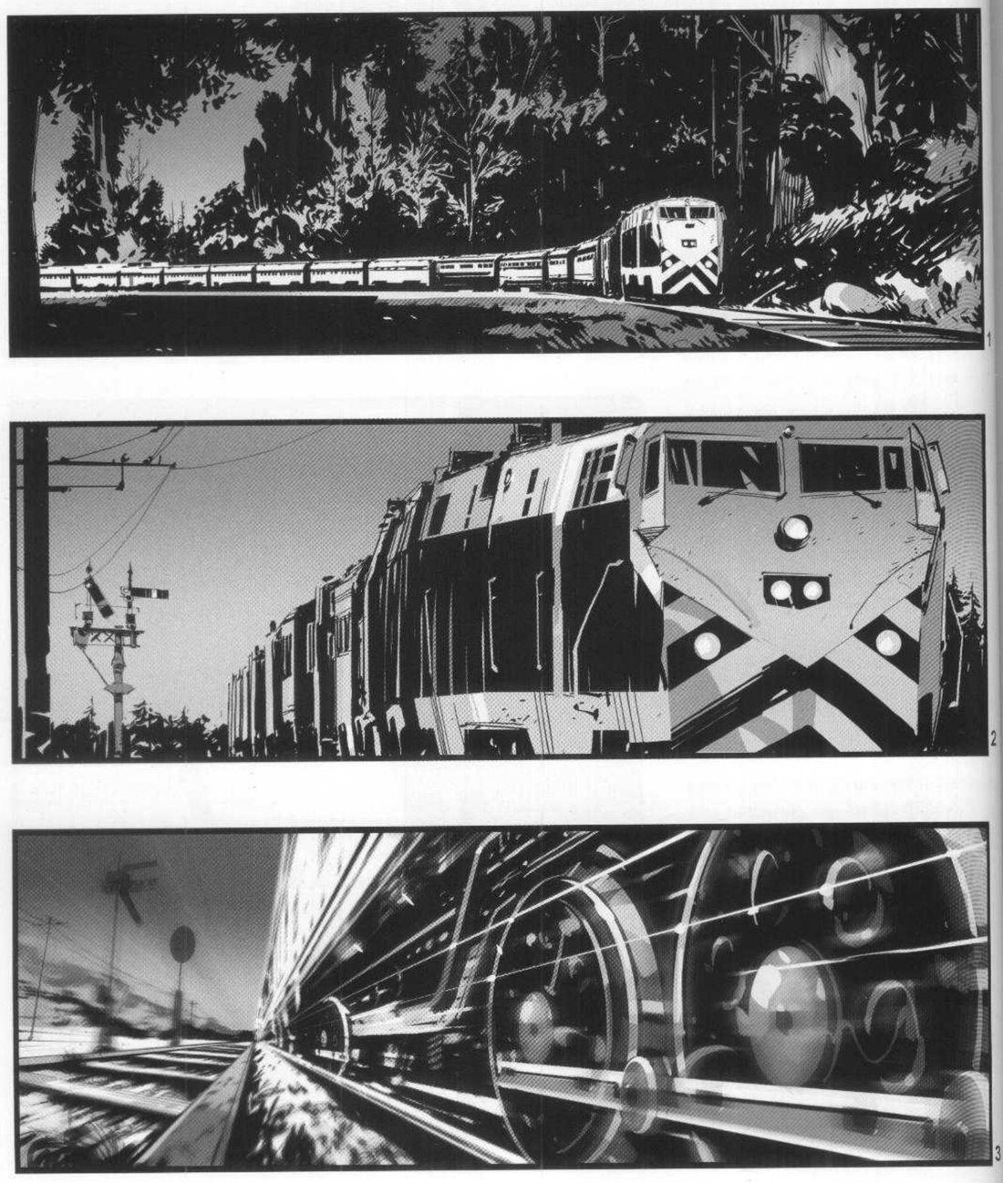 Three wide panels: a long train curving out of a dark forest; the engine's striped nose filling the right side from low; an extreme low tilted view along huge driving wheels with speed streaks.