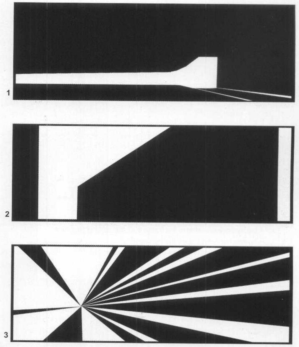 Three abstracts numbered 1 to 3: a black field with a thin white strip rising at the engine; a big black diagonal mass across a white field; a starburst of black and white wedges radiating from a point low on the left.