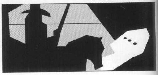 A two-value abstract: a black mass for the cowboy and horse at left with a vertical rifle line, a light diagonal slope band at right with three dots.