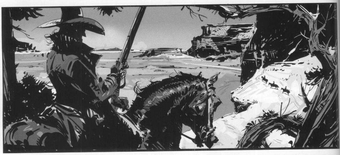 A cowboy on horseback seen from behind at left, rifle raised, framed by dry branches, looking over a canyon to three tiny riders on a pale slope at right.