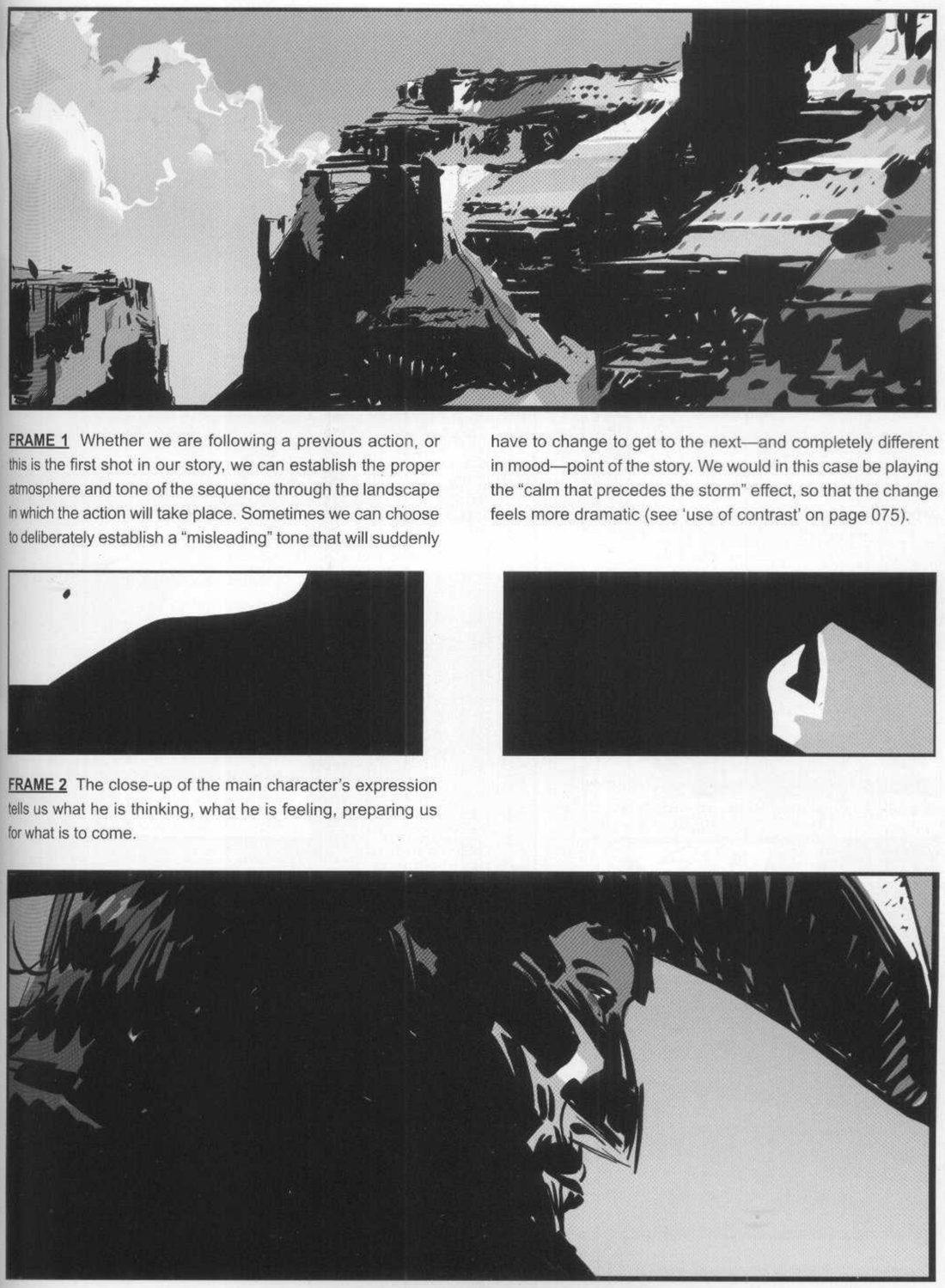 Frame 1, a canyon landscape with clouds and a bird, no people. His caption text. Two abstracts. Frame 2, a dark close-up of the cowboy's face under his hat brim.