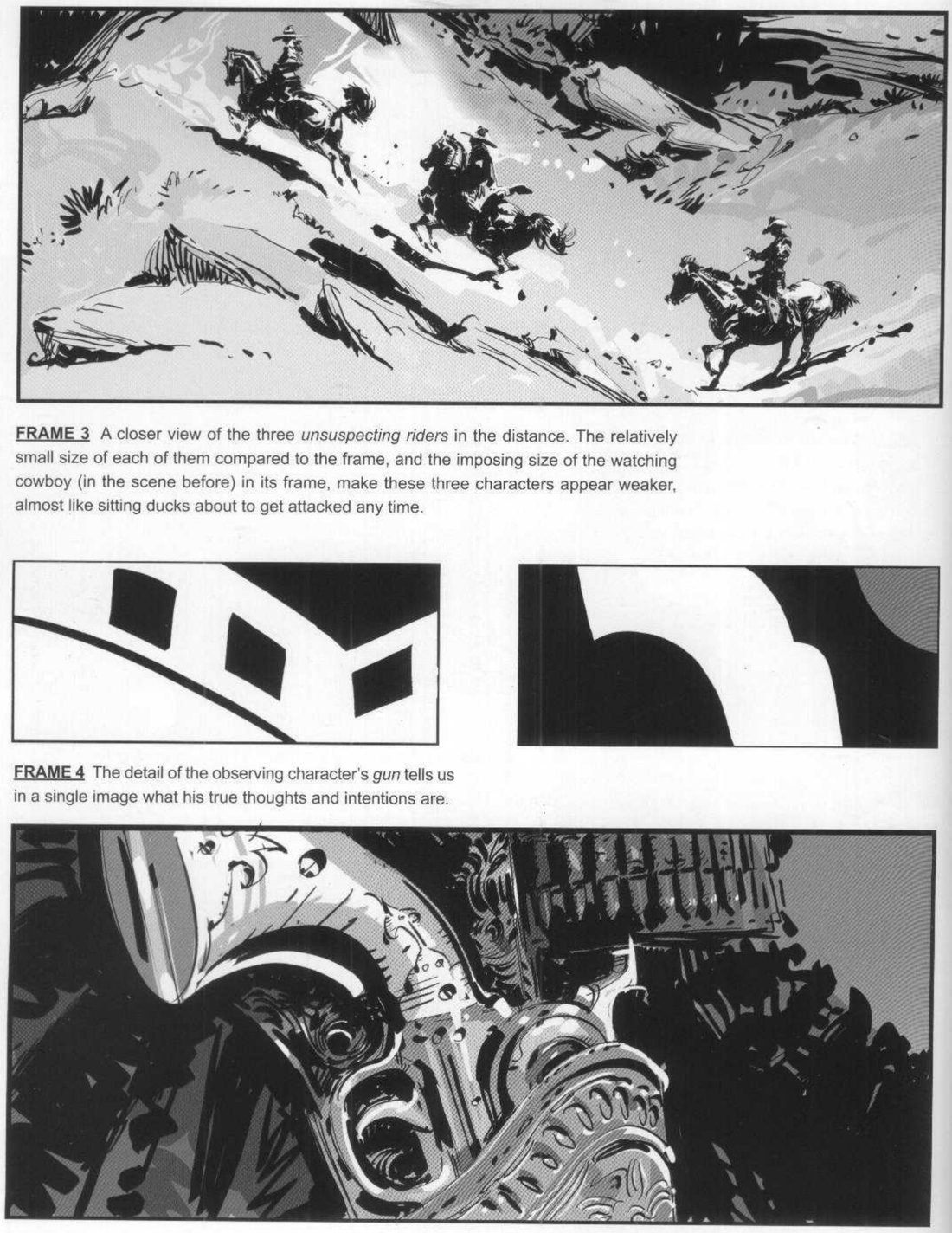 Frame 3, three riders crossing a pale slope diagonally, small in frame. His caption. Two abstracts. Frame 4, an ornate revolver filling the frame.