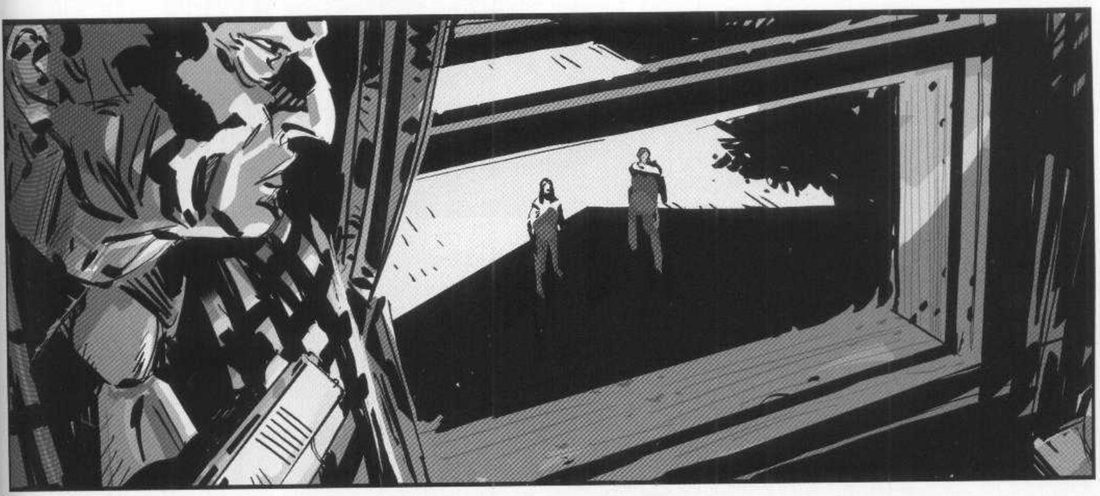 Over a mobster's shoulder at left, a gun at his chest, looking down through a window at two small figures in a bright yard.