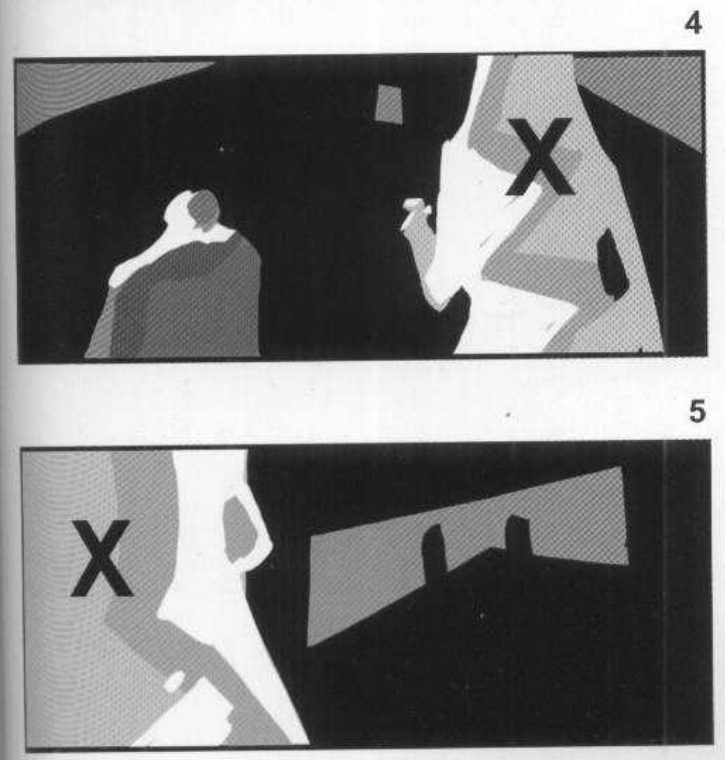 Two stacked mass thumbnails labelled 4 and 5. In 4 a large X sits on the light shape at right. In 5 the X sits on the light shape at left.