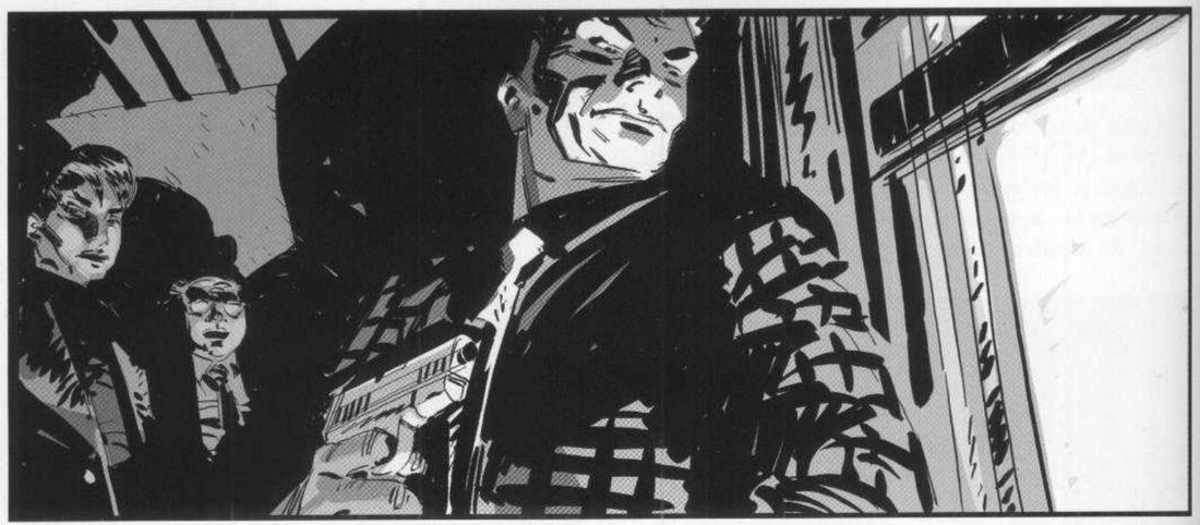 An upshot of a mobster in a checked jacket holding a gun, two other men at left, a bright window at right.