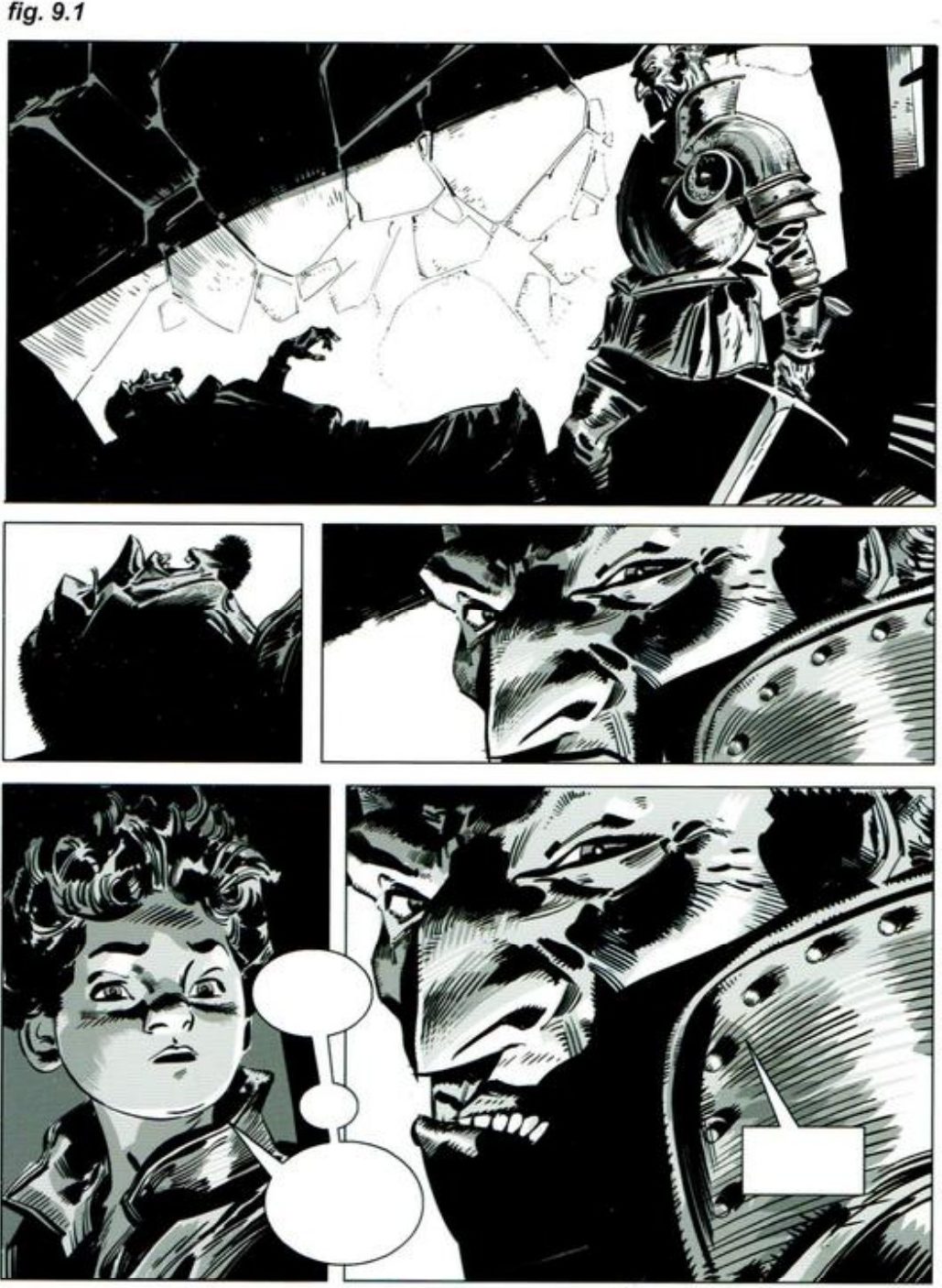 A five-panel page: a wide shot of an armoured warrior standing over a figure on the ground, then tighter panels of a face, the warrior's face, a boy's face, and the warrior again, with empty balloons.