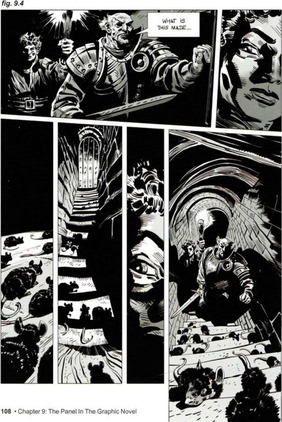 A page with a wide panel of the old mercenary and his son by torchlight, a face panel, then four tall narrow panels: rats, a staircase up to a door, an eye, and the mercenary climbing among rats.
