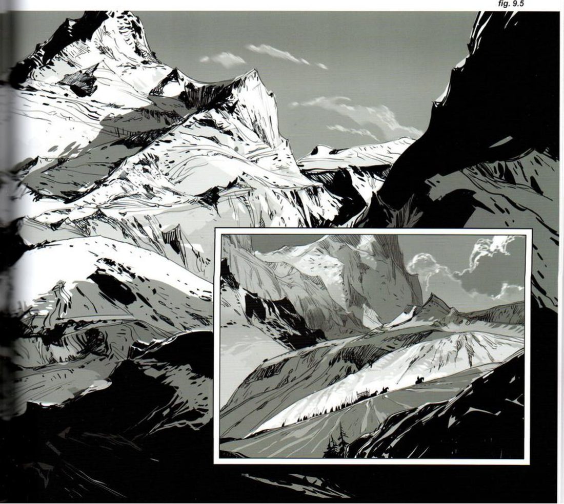 The right half of a double-page spread of a mountain range, with a framed inset panel showing a small caravan crossing a snowy slope.