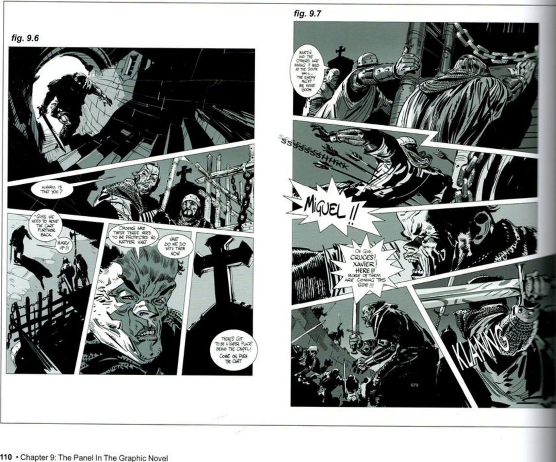 Two consecutive comic pages: the first with slanted panels of soldiers and a gravestone cross, the second with panels cut at sharp angles, arrows flying, a MIGUEL!! burst and KLANNG lettering.