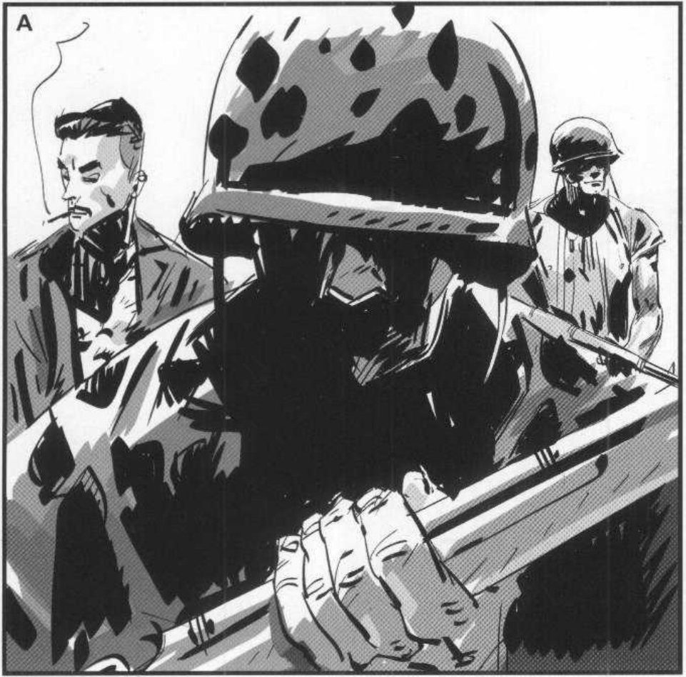 A square panel labelled A: a soldier in a spotted camouflage helmet gripping a rifle fills the centre, a bareheaded man smoking on the left, a helmeted soldier on the right.