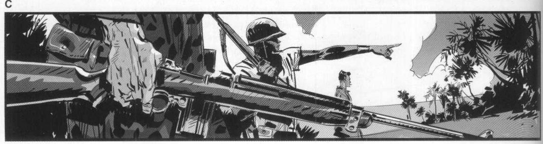 A wide panorama labelled C: a rifle and hand fill the left foreground, a soldier points right, a small figure stands beyond, palms and sea on the right.