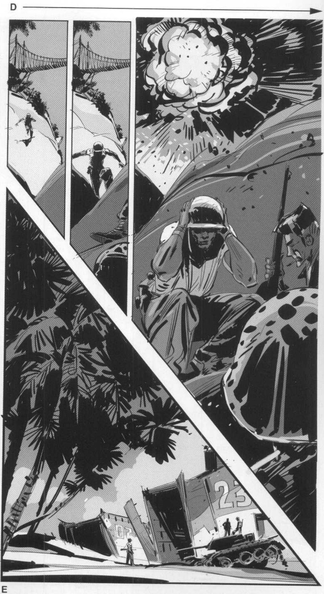 An arrow labelled D runs left to right above two thin tall panels of a soldier running down a hill under a rope bridge, then a wide panel of an explosion over crouching soldiers. Below the slanted panel bottoms, a large triangle labelled E with palm leaves, a beached landing craft numbered 23 and a tank.