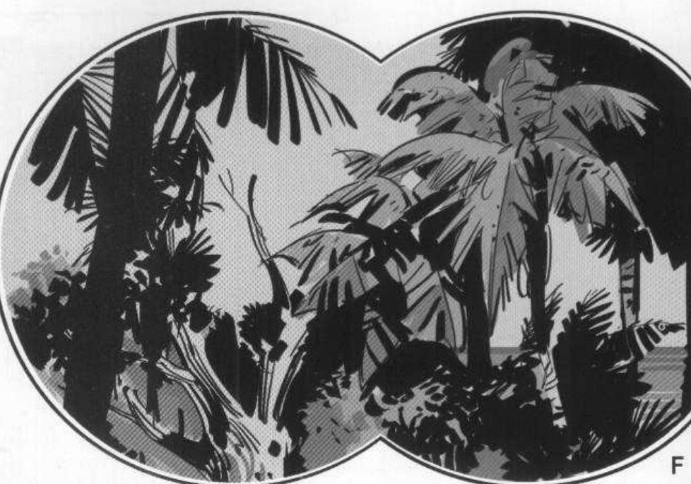 A panel shaped like two overlapping circles showing dense jungle palms and leaves in black and grey, labelled F.