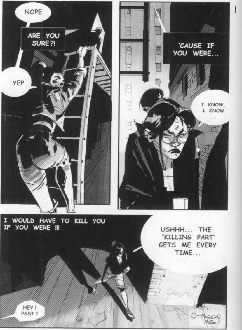 Page I: a woman in a dark suit climbing a ladder in an alley, a young woman in glasses looking up beside a building, and a wide bottom panel of a figure in the alley, with balloons such as NOPE, YEP and HEY! PSST!