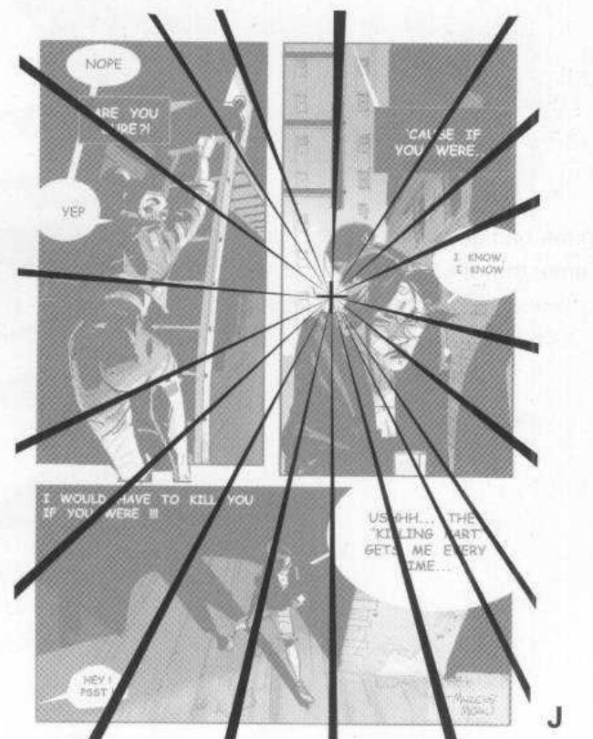 Page I greyed out, labelled J, with black lines radiating from one point near the centre through every panel.