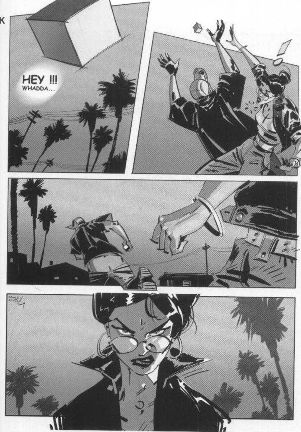 Page K: a box flying against palm silhouettes with a HEY!!! WHADDA... balloon, a struggle between a man in a cap and a woman in glasses, a wide panel of him running as her arm reaches in, and a wide frontal close-up of her angry face.