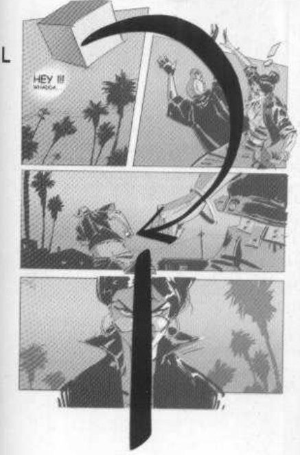 Page K greyed out, labelled L, with a big black curved arrow linking the box's positions through panels 1 to 3, then a straight bar running down into panel 4.