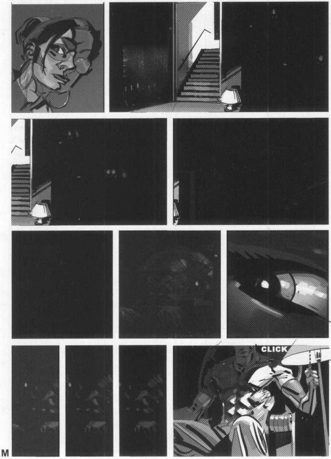 A page labelled M in four tiers. The top tier has her face and the lit staircase; the next tiers are darker and darker with faint shapes and a close glint of an eye or lens; the bottom tier has three narrow nearly black panels and a wide panel marked CLICK where a lamp lights a large figure close to camera.