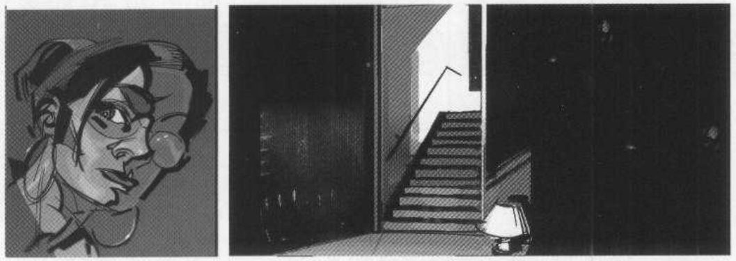 Three panels: a close-up of a young woman in glasses blowing a bubble-gum bubble, a dark room with a lit staircase and a small lamp, and a nearly black panel.
