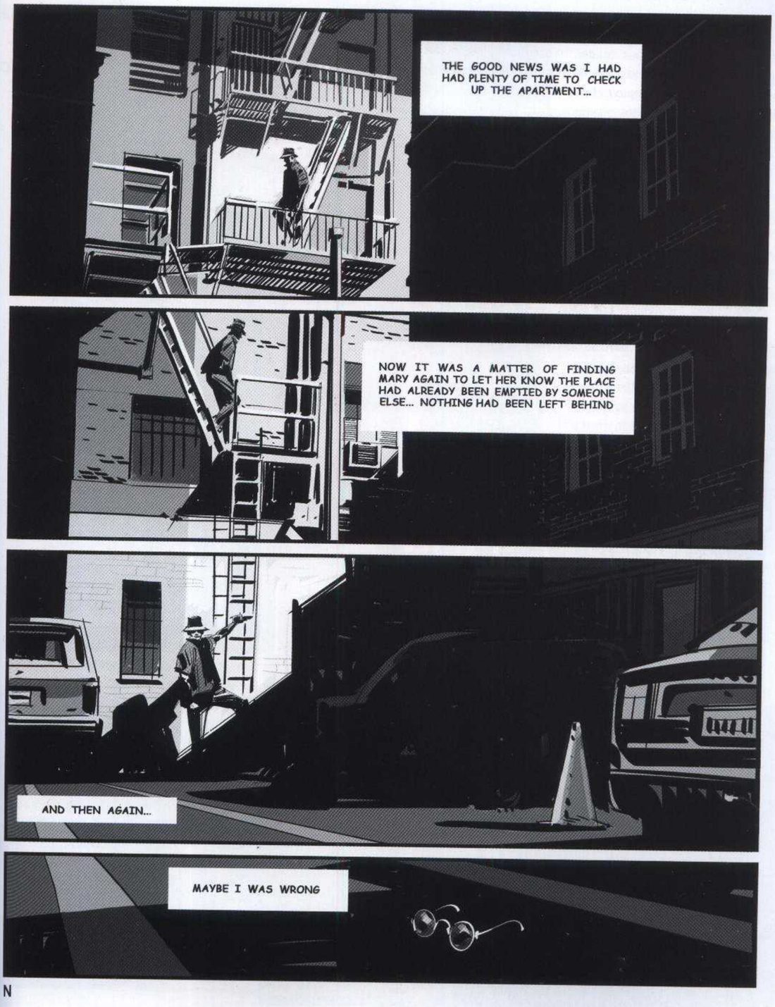 The full page N: three full-width alley panels, then a much shorter bottom strip of dark pavement with a pair of round glasses picked out in light and a caption reading MAYBE I WAS WRONG.