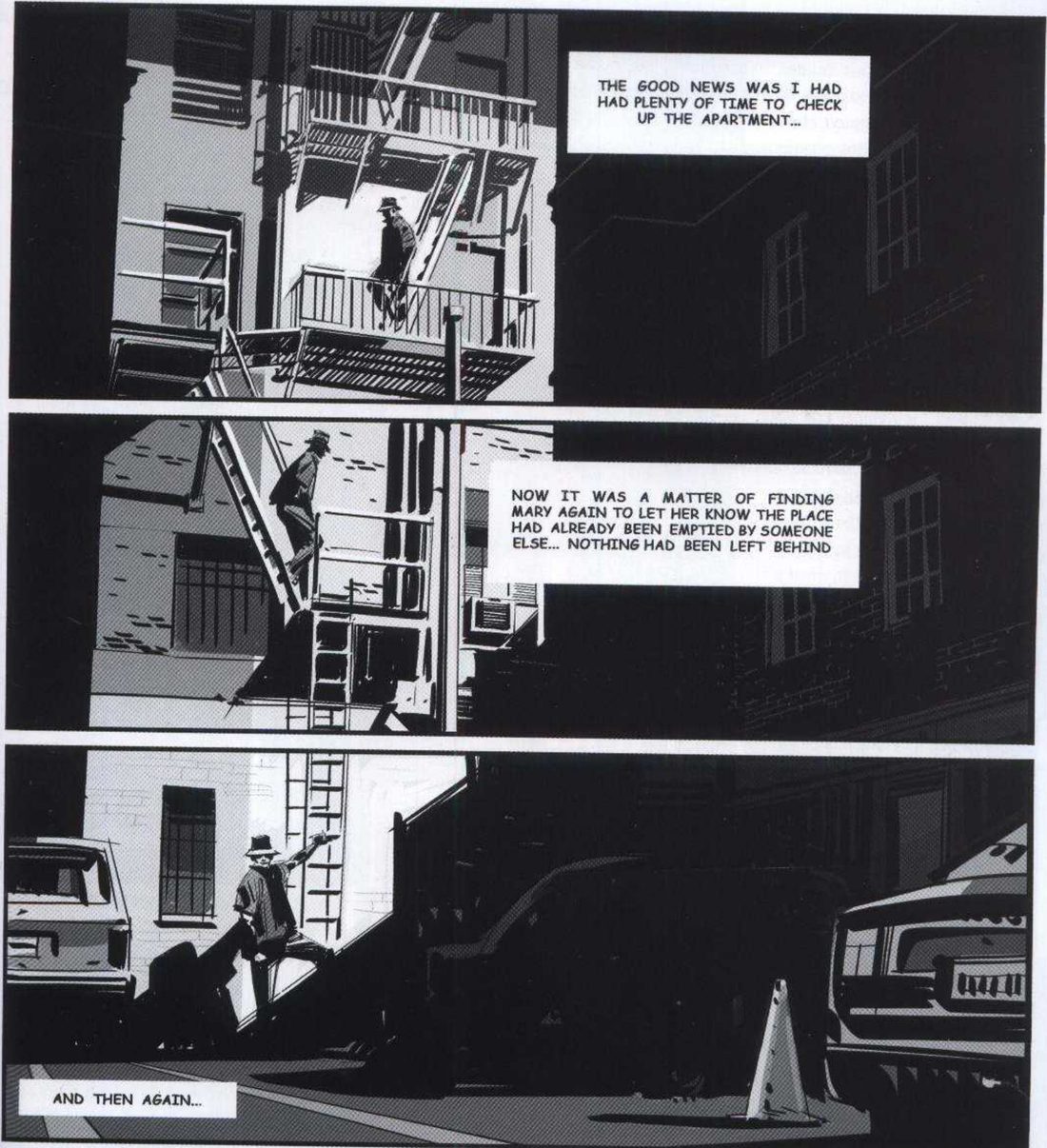 Three full-width panels of the same alley: a small dark figure in a hat on a fire escape against lit walls, then lower on the ladder, then at street level beside parked cars and a traffic cone, each with a caption box.