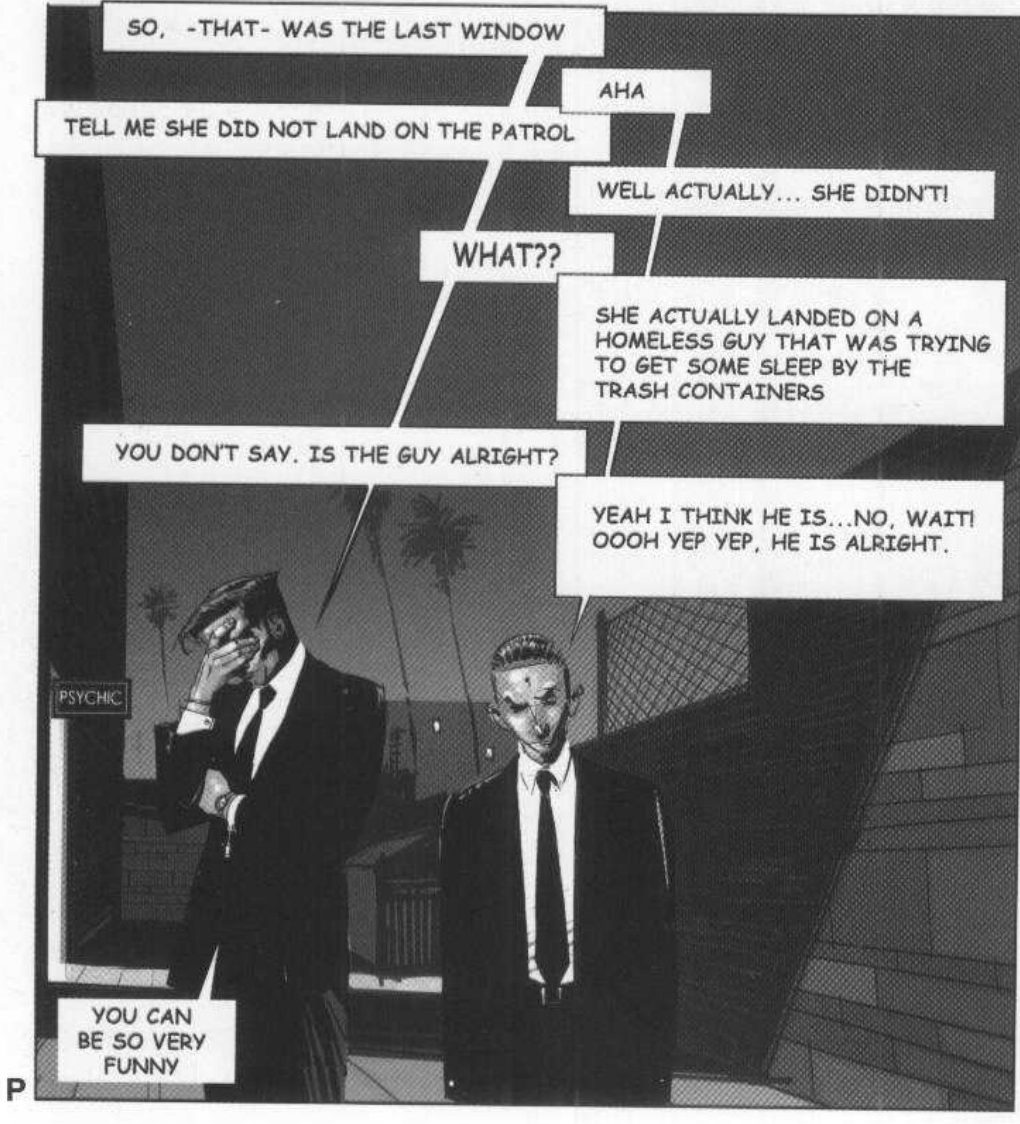 A square panel labelled P: two men in dark suits stand by a PSYCHIC sign at dusk. A zig-zag stack of rectangular caption balloons alternates left and right down the panel, with long thin tails to each man.