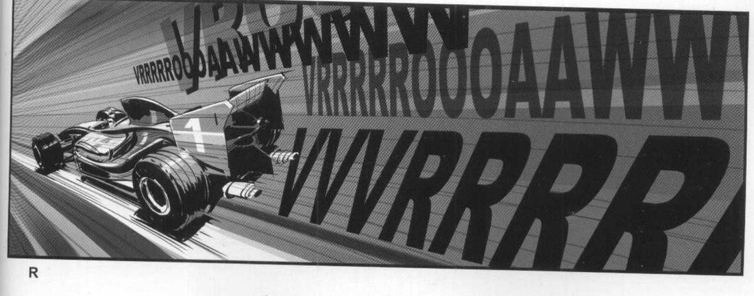 A wide panel labelled R: a Formula 1 car numbered 1 races at an angle with speed lines, while huge VRRRROOOAAWWW and VVVRRRR lettering recedes along its direction.