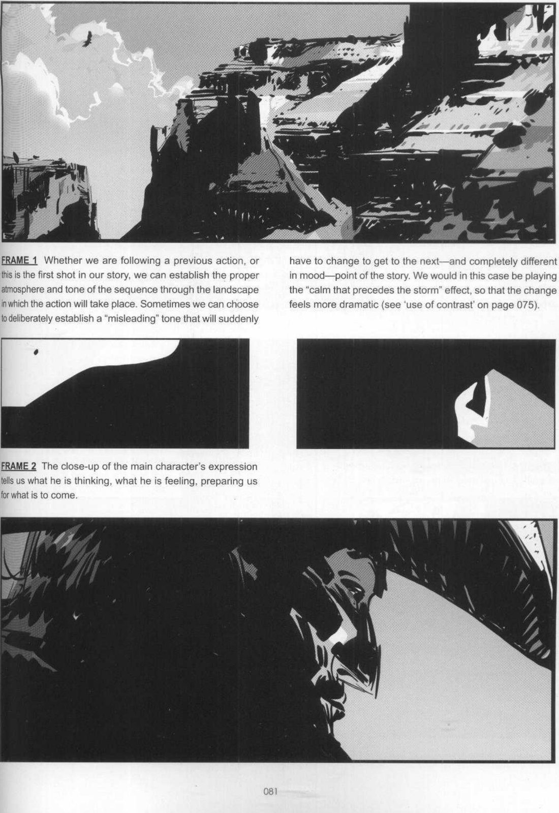 Frame 1: a canyon landscape with clouds and a bird, no people. Two abstracts: a dark hill against a light sky; a dark field with a small light shape. Frame 2: a dark close-up of the cowboy's face under his hat brim.