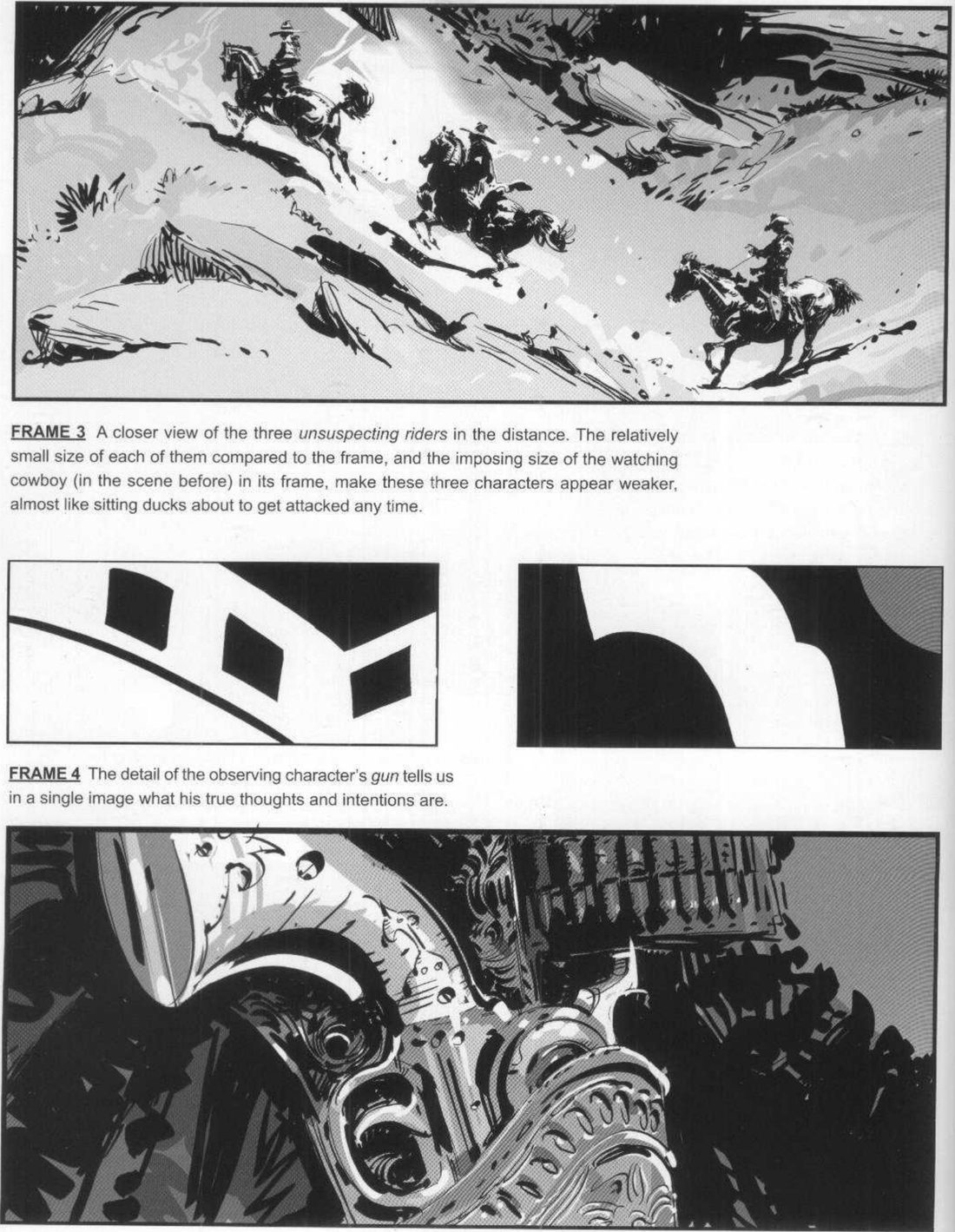 Frame 3: three riders crossing a pale slope diagonally. Two abstracts: three dark blocks along a curve; a dark field with one curving white shape. Frame 4: an ornate gun filling the frame.