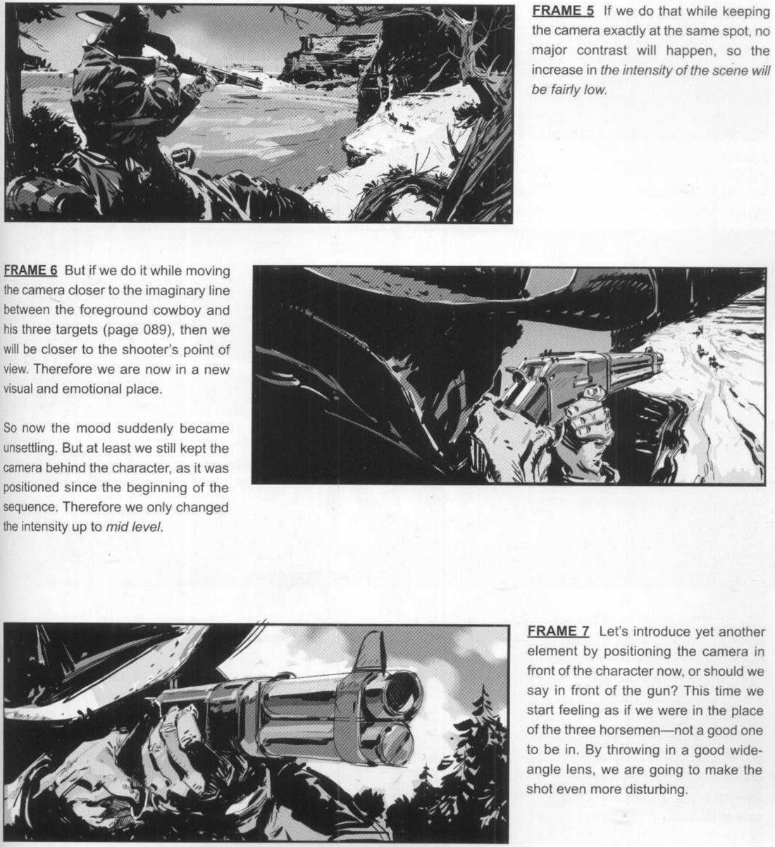 Frame 5: the master angle with the rifle levelled. Frame 6: over the shoulder under the hat brim, hands and rifle aimed at tiny riders. Frame 7: a frontal view straight into the double barrel.