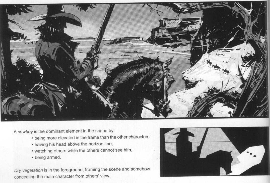 A cowboy on horseback from behind at left, rifle raised, framed by dark vegetation, watching three tiny riders on a pale slope at right. Below, his list of why the cowboy dominates, and a two-value abstract of the shot.