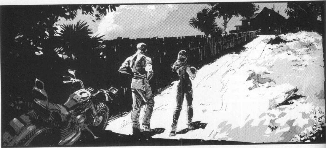 A motorbike at lower left, a man and a woman from behind on a bright path that rises diagonally to a dark house on a hill at top right, a wooden fence along the path, dark trees and shadow along the bottom.